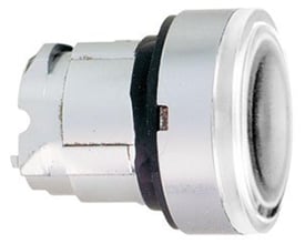 Sidevisning af Schneider Electric lampetryk med hvid LED, der viser monteringsmekanismen og 22mm diameter.