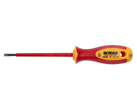 Ironside VDE-skruetrækker med lige kærv, 3,5 x 100 mm, vist med rød og gul isoleret håndtag.