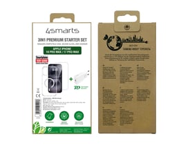 Emballagen til 4smarts 3-i-1 premium-startsæt til iPhone 18 Pro Max og 17 Pro Max viser cover, skærmglas og oplader.