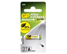 Nærbillede af GP Batteries 12V 27A MN27 batteri i blisterpakning, med fokus på '0% Mercury' og produktmærkater.