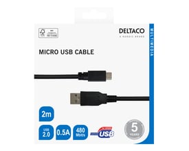 Emballagen til Deltaco USB 2.0 Micro B-kablet i sort viser begge stik og markeringen på 2 meter.