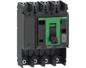 Schneider Electric Maksafbryder NSX630L, 4-polet grundenhed uden relæ, vist forfra med grøn afbryder og mærkeplade.