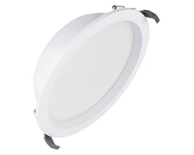 Hvid Ledvance CMF ZB Dir Easy-downlight med rund opal diffuser, 30 W og 3600 lm, set skråt forfra.