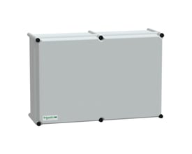 Schneider Electric kapsling i RAL 7035, 360x540x180mm, med synligt Schneider Electric logo og fire sorte skruelåg.