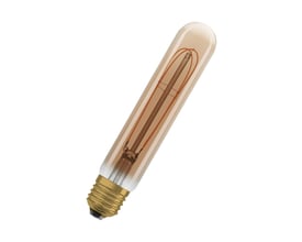 Nærbillede af Ledvance 1906 tubular guld LED-pære med E27 fatning, der viser den interne filamentstruktur.