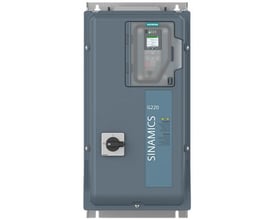 Siemens SINAMICS G220 frekvensomformer i gråt kabinet, set forfra med betjeningsdisplay og drejekontakt.