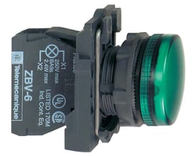 Nærbillede af Schneider Electric signallampe ZBV-6 med grøn linse, viser monteringsmekanisme og tekniske mærkater på bagsiden.