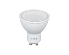 FESH Smart Home LED spot med GU10 fatning, hvid farve og 5W effekt, vist på hvid baggrund.