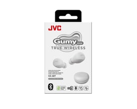 JVC Gumy Mini True Wireless earbuds i hvid, vist på den lukkede emballage med tydeligt logo og produktnavn.