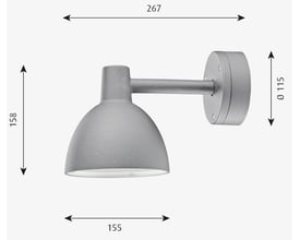 Teknisk tegning af Louis Poulsen Toldbod 155 væglampe i aluminium med dimensioner vist for højde, bredde og længde.