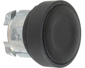 Schneider Electric trykknap ZB4BA27 med sort, plan overflade og metal gevind til montering. Diameter 22mm.