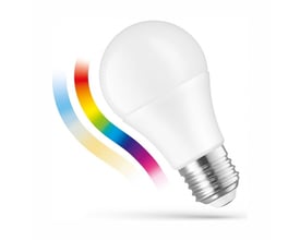 SpectrumLED E27 8,5 W Smart Home LED-pære med hvid kuppel og farvespektrum vist som regnbuefarvet bånd.
