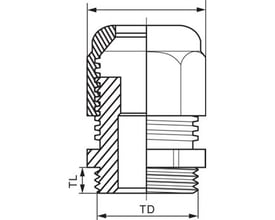Teknisk tegning af Lauritz Knudsen M20 kabelforskruning til kabeldiameter 6-12mm, grå plast.