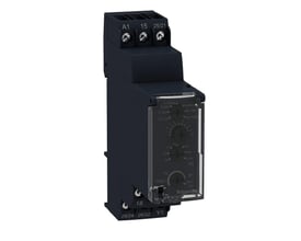 Nærbillede af Schneider Electric multifunktionstimer RE22, viser drejeknapper til tidsindstilling fra 0.1s til 100 timer og funktionsvalg.