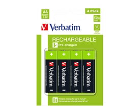 Verbatim genopladelige AA (HR6) NiMH-batterier på 1,2V, vist i 4-pak emballage med grøn og hvid grafik.
