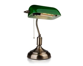 V-TAC klassisk skrivebordslampe med grøn glasskærm og messingfarvet base på hvid baggrund.