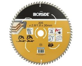 Ironside rundsavklinge til træ set forfra med 72 tænder og mærkning for 305 mm diameter og 30 mm huldiameter.