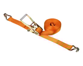 Orange surring med skralde og krog, 50 mm bred og 10 meter lang, med en maksimal belastning på 5000 kg.