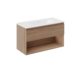 Cosmic underskab med integreret greb, valnøddeffekt og åben hylde. Hvid vask på toppen.