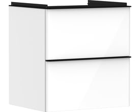 Hansgrohe Xelu Q vaskeskab i hvid højglans med to skuffer og integreret greb, vist fra siden.