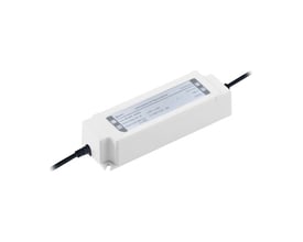 SpectrumLED 40 W strømforsyning til 24 V DC med IP67, i hvidt, aflangt hus med sorte kabler.