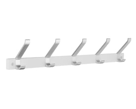 Beslagsboden knagerække med fem hattekroge, hvid skinne og kroge i mat aluminium, set skråt forfra.