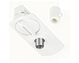Hvid lampeholder til 1-faset skinne med en synlig metalgevindstud og et tilhørende hvidt stykke til montering.
