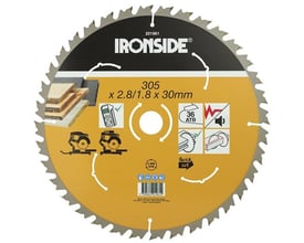 Ironside rundsavklinge til træ med 36 tænder og 305 mm diameter, set forfra med sort og gul mærkning.
