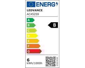 Ledvance energimærke B for LED standard lyskilde AC45259 med 6 kWh/1000h.