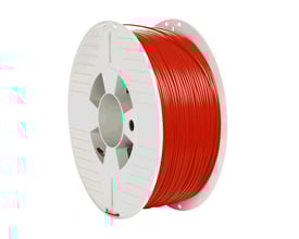 Verbatim 3D printer filament af PET-G i rød farve på en hvid spole, 1.75mm diameter og 1kg vægt.