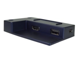 GeChic Rear Dock til On-Lap 1503 i sort viser tilslutningsmuligheder som HDMI og USB-A med sort baggrund.