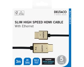 Detailæsken til Deltaco ultratyndt HDMI-kabel på 3 meter i sort og guld viser begge stik og kabelspecifikationer.