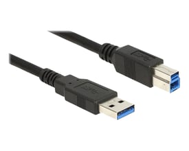Sort Delock USB 3.2 Gen 1-kabel på 5 meter med USB-A- og USB-B-stik vist fra hver sin ende.