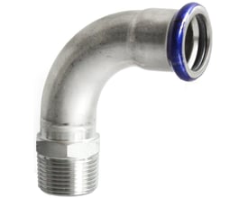 Unico rustfri overgangsbøjning 90 grader, med udvendigt gevind 1 1/2" og pressmuffe til 42mm rør, med blå indikatorring.