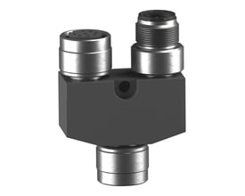 Telemecanique Sensors XCSRZY1 Y-splitterstik med M12, 8-8-5 poler og tre tilslutninger på sort hus.
