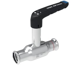 VSH Xpress forzinket kuglehane med press-press tilslutninger, 42mm, med høj spindel og ergonomisk håndtag, ideel til varme- og kølesystemer.