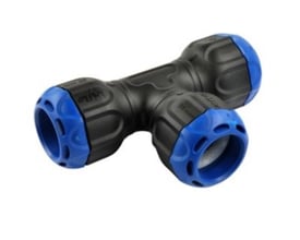 Isiflo Sprint tee T-stykke 25 mm set fra siden, fremstillet i sort komposit med blå koblingsringe.