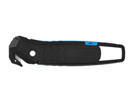 Martor SECUMAX 350 SE sikkerhedskniv med sort håndtag, blå detaljer og synligt klingehoved, set fra siden.