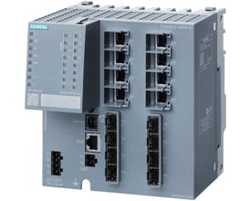 Siemens Scalance XM408-8C managed modular IE switch med 8x RJ45 og 8x SFP porte på grå baggrund.