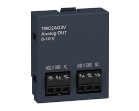 Schneider Electric TMC2-indstikskort til Modicon M221 med to analoge 0-10 V-udgange og synlige skrueklemmer.
