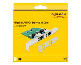 Gul emballage med illustration af Delock PCIe-netværkskort med to Gigabit LAN-porte og sølvfarvet beslag.