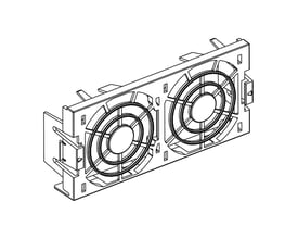 Schneider Electric ventilator til ATV61/71 frekvensomformere 5,5-7,5kW, vist som en teknisk tegning med to blæsere monteret i et hus med clips.