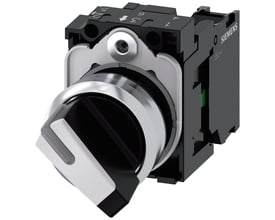 Siemens 22 mm omskifter med hvid/sort drejeknap, låsende funktion og 1NO kontakt på sort baggrund.