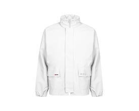 Lyngsøe regnjakke PU LR68 i hvid, størrelse S, med synlig lynlås, to lommer og elastik ved ærmerne.