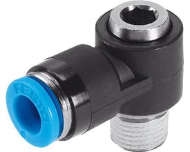 Festo vinkel-forskruning QSLV-1/8-6-I med blåt push-in tilslutningsstykke og gevind for nem montering.