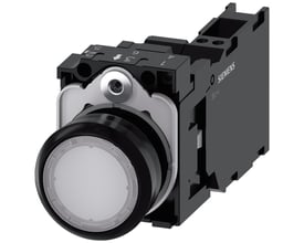 Siemens oplyst trykknap 22mm, hvid plastik, rund, med 1NO 1NC kontakt og integreret LED-modul for 24V.