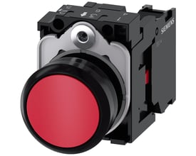Siemens 22mm trykknap med rød, rund, flad plastknap og 1NC skrueklemme på sort baggrund.