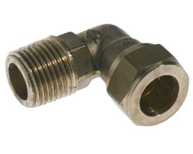 VSH kompressionsovergang i vinkelform, med 1/2" udvendig gevind og 18 mm kompressionsfitting i messing.