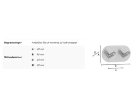 Smedbo Beslagsboden dobbeltkrog i mat sort stål, med angivelse af mål A, B, C og D, samt en skitse af krogen.
