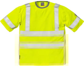 Kansas Hi-Vis t-shirt i gul, str. L, med påsyede refleksbånd på ærmer og torso, grå ribkrave og hvid baggrund.